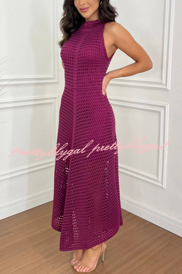 Violet Crochet Knit Round Neck Texture A-line Maxi Dress