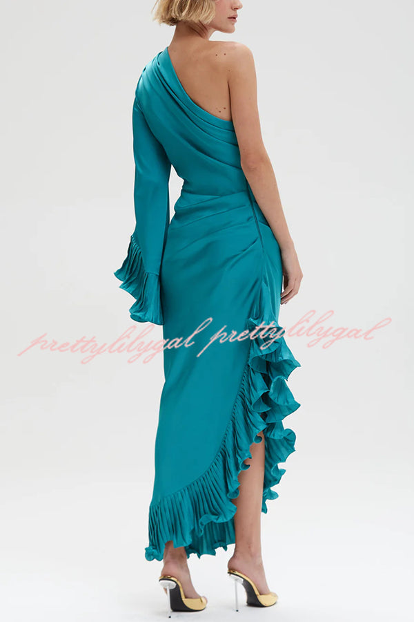Elegant Satin One Shoulder Sleeve Pleated Ruffles Trim Ruched Asymmetrical Maxi Dress