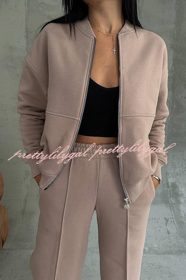 Solid Color Casual Long Sleeve Zipper Jacket and Elastic Waist Pocket Wide Leg Pants Set