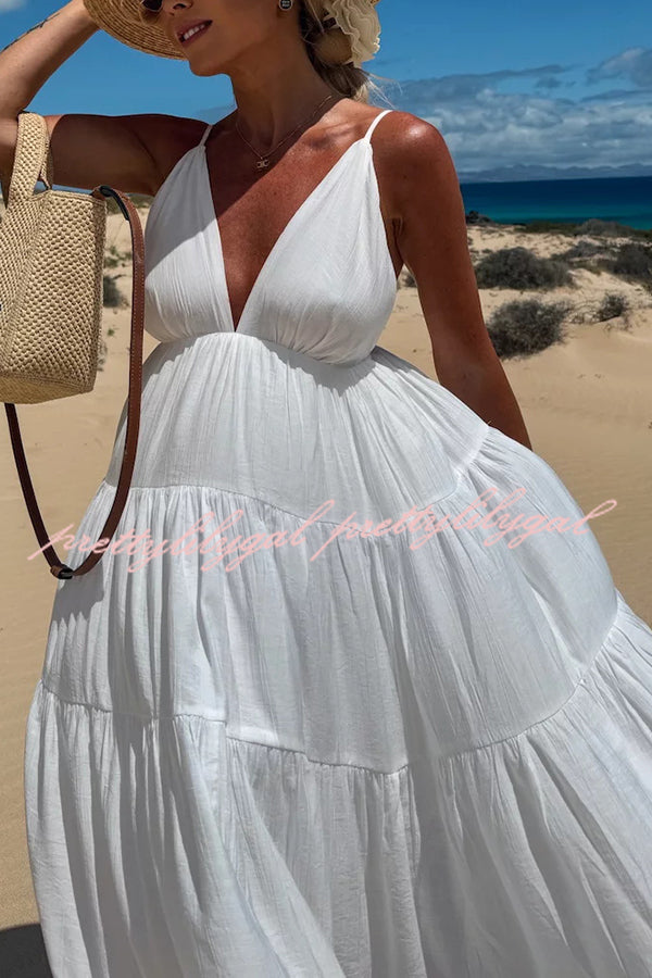Bohemian Style V-neck Backless Slip Layered Vacation Maxi Dress