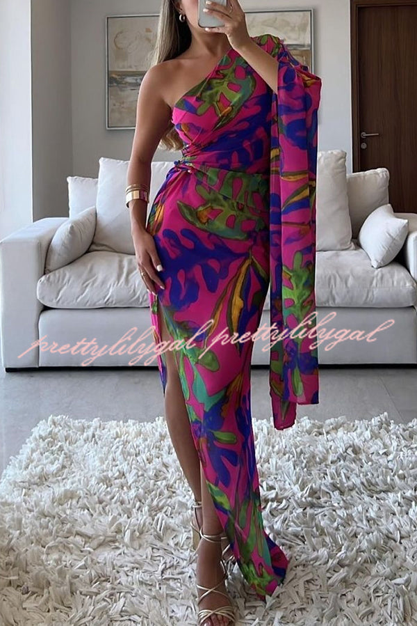 Colorful Printed One-sleeve Slim-fitting Slit Maxi Dress