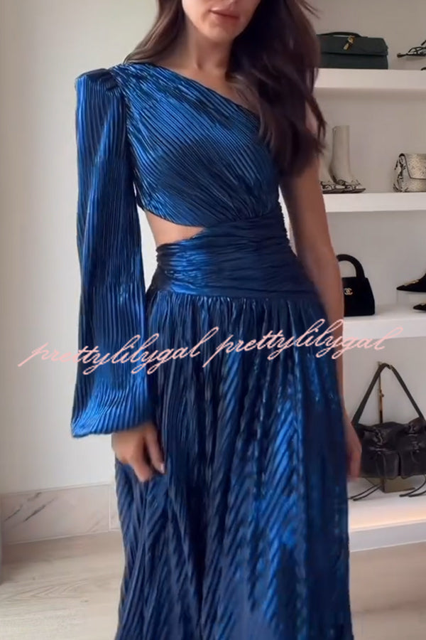 Dazzling Night Metallic Pleated One Shoulder Cutout Balloon Sleeve Gown Maxi Dress