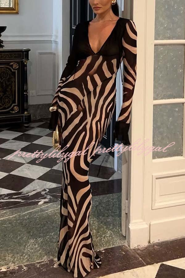 City Night Chiffon Colorblock Animal Print Tie-up Long Sleeve Maxi Dress