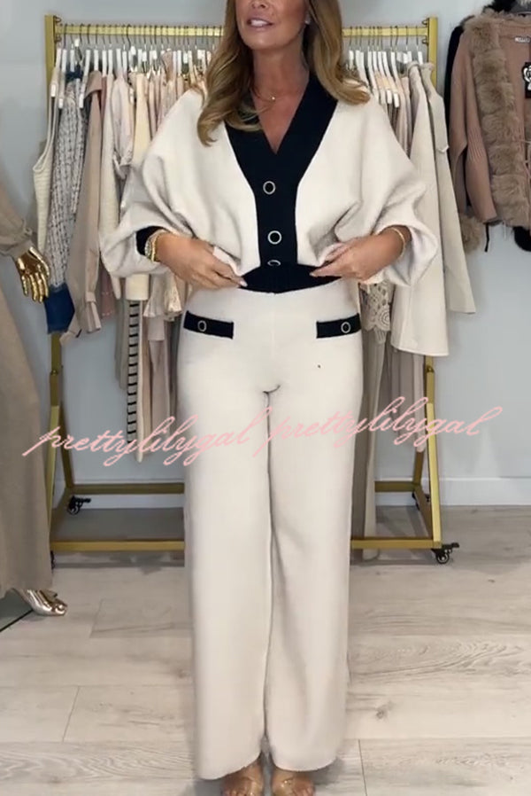 Fashion Contrast Color V-neck Loose Cardigan and Elastic Waist Casual Pants Set