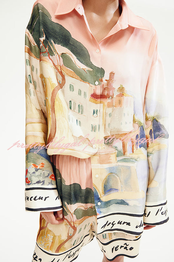 Unique Print Lapel Long Sleeve Loose Shirt and Elastic Waist Casual Pocket Shorts Set