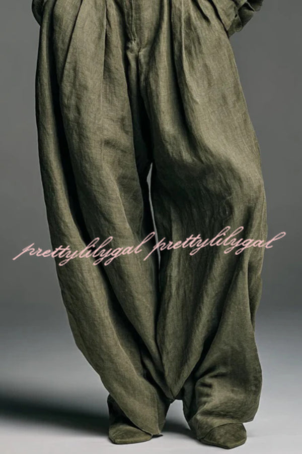 Linen Blend Lapel Long-sleeved Casual Shirt and High-waist Pocket Loose Wide-leg Pants Set