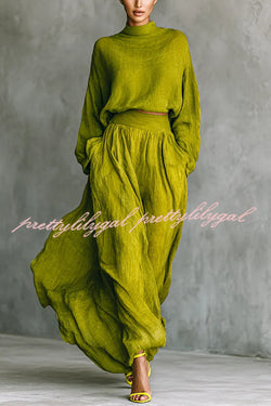 Linen Blend Solid Color Loose Long-sleeved Top and High-waisted Casual Pocket Maxi Skirt Set