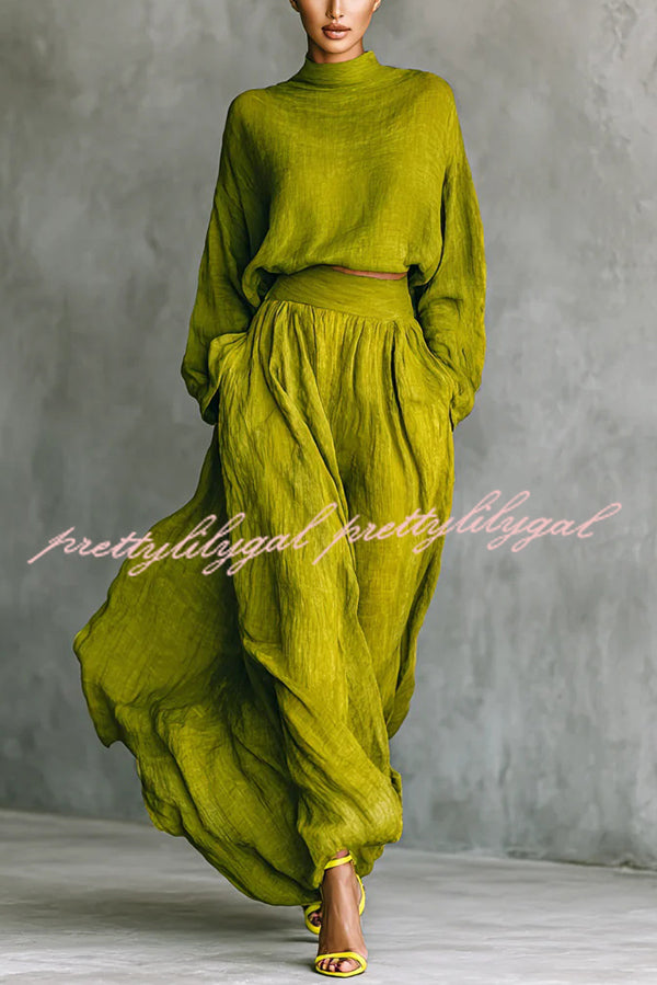 Linen Blend Solid Color Loose Long-sleeved Top and High-waisted Casual Pocket Maxi Skirt Set