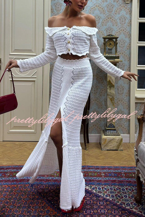 Fashion Knitted Off-the-shoulder Long-sleeved Top and Elastic Slit Maxi Skirt Set