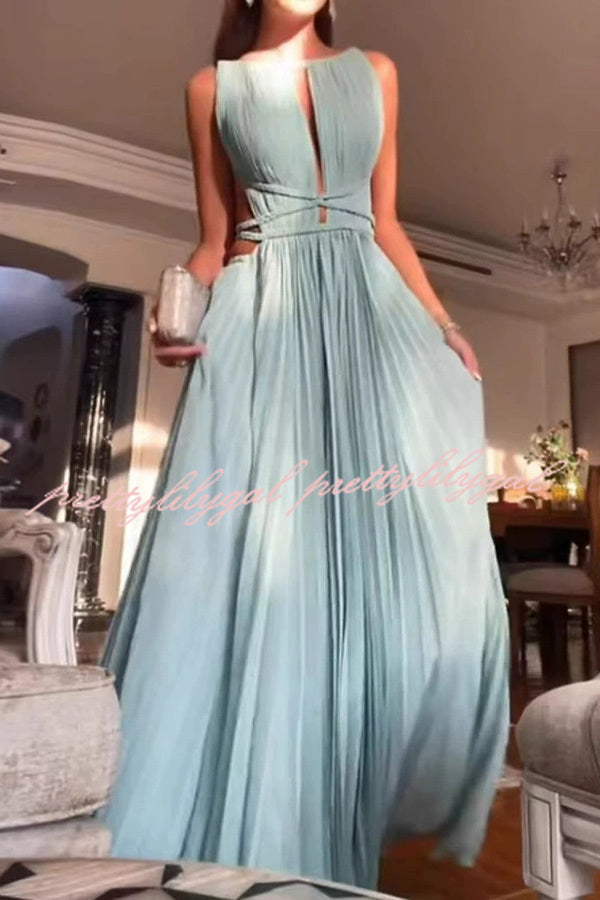 Sexy Sleeveless Open Back Cord Pleated Maxi Dress