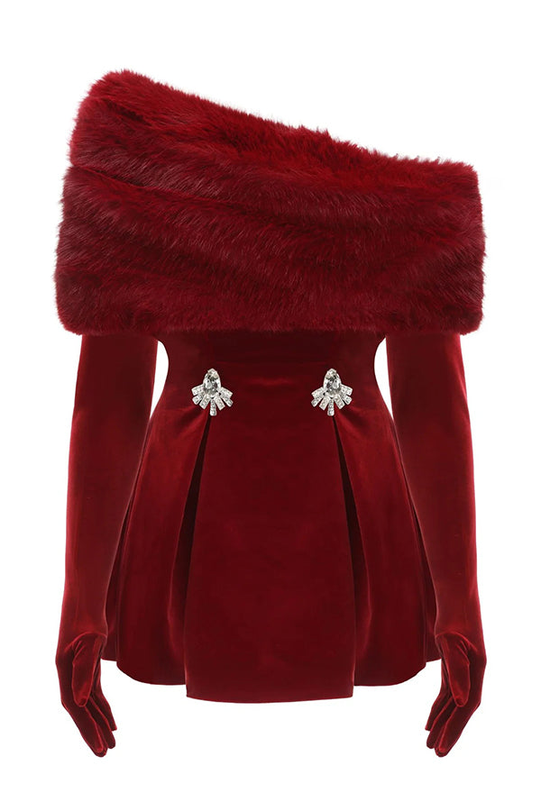 Stylish Velvet Off-shoulder Fitted Mini Dress and Fluffy Shawl, Velvet Gloves Three-piece Set