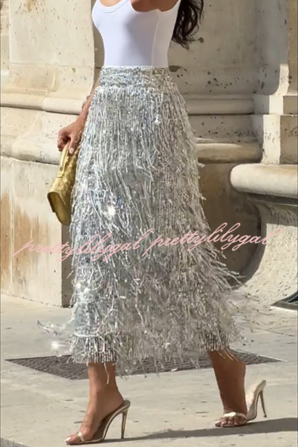 Evening Charm Layered Sequined Tassels High Rise Back Zipper Slit Midi Skirt