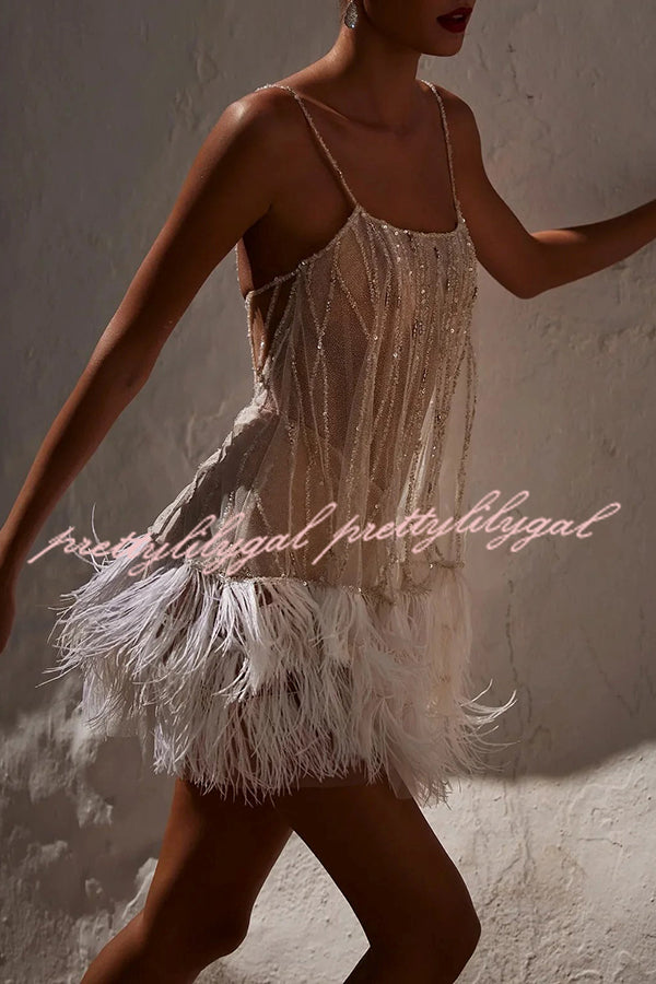 Fairy Lights Sequin Layered Feather Fringed Mesh Mini Dress