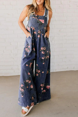 Fashion Floral Print Casual Button Pocket Loose Denim Overalls
