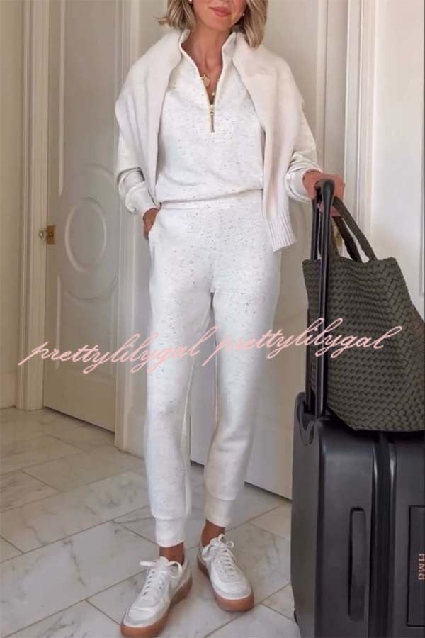 Ivory Marl Fleck Half-Zip Neck Long Sleeve Sweatshirt and Elastic Waist Pocket Jogger Set