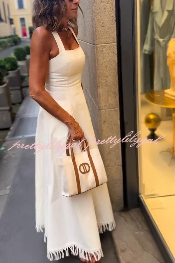 Bohemian Square Neck Pocket Tassel Holiday Maxi Dress