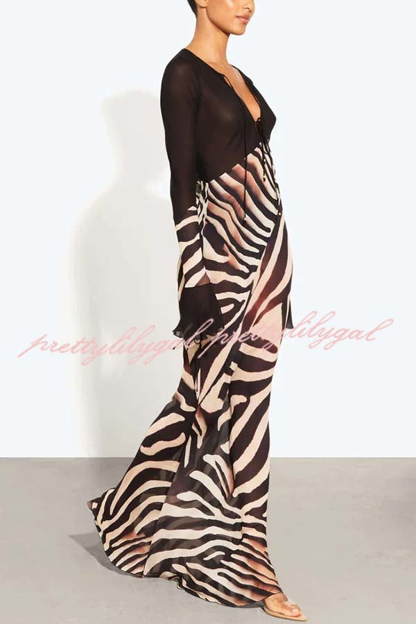 City Night Chiffon Colorblock Animal Print Tie-up Long Sleeve Maxi Dress