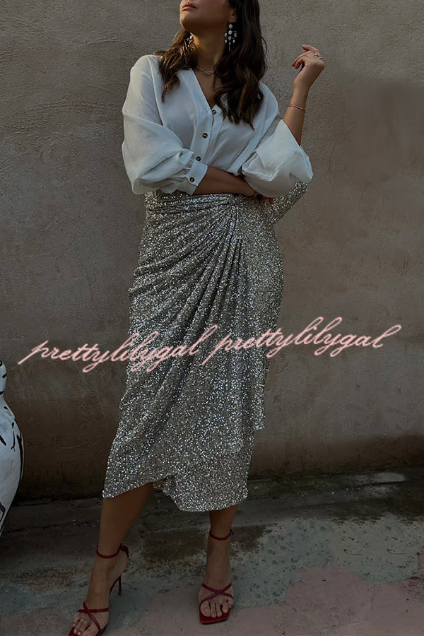 Disco Dancing Queen Sequin Wrap Tie-up Slit Midi Skirt