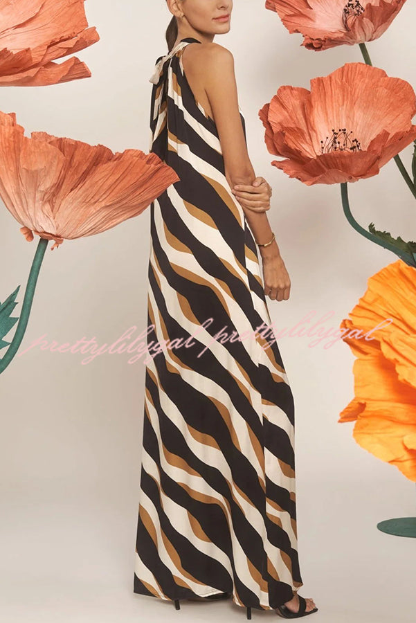 Uptown Cafe Satin Color Block Print Tie-up Neck Maxi Dress