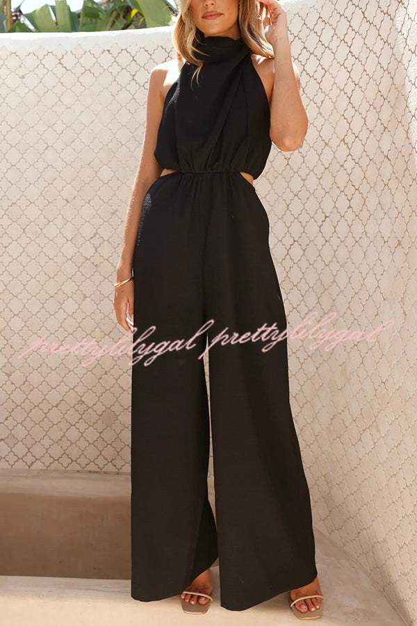 Solid Color Resort Style Halter Neck Waist Pocket Wide Leg Jumpsuit