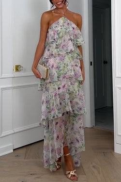 Cocktail Party Sheer Floral Georgette Halter Flowy Tiered Maxi Dress