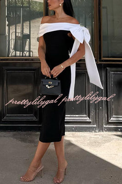 Elegant Evening Look One Shoulder Bandage Bow Stretch Midi Dress