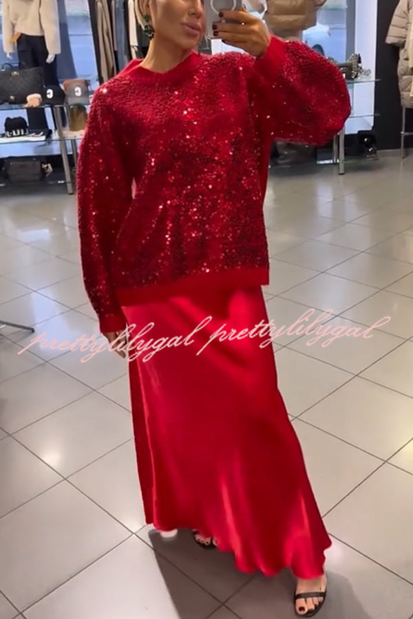 Celebration Day Sequin Patchwork Loose Sweatshirt and Satin Elastic Waist Maxi Skirt Set
