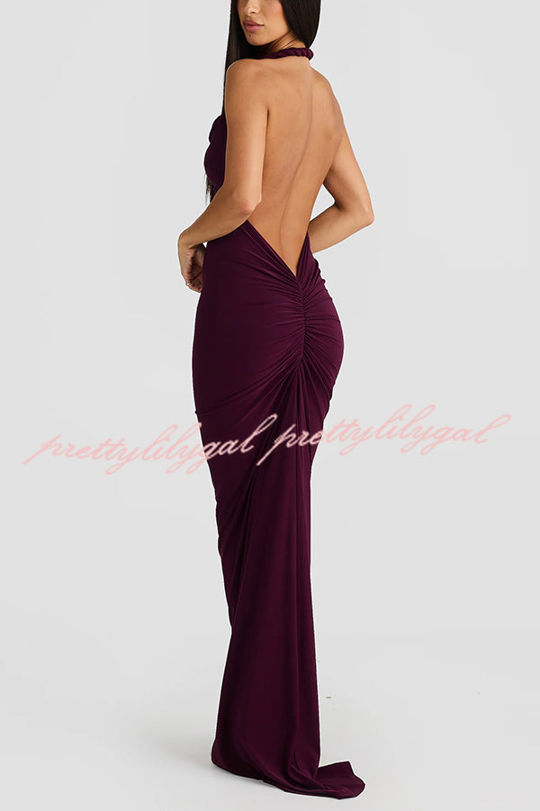 Sexy Halter Neck Open Back Pleated Slim Fit Maxi Dress