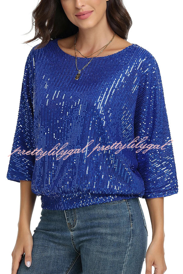 Solid Color Sequined Loose Round Neck Casual Top