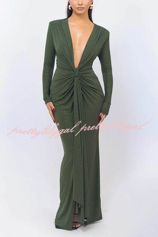 Solid Color Shiny Sexy V-neck Long Sleeve Ribbon Slit Slim Fit Maxi Dress