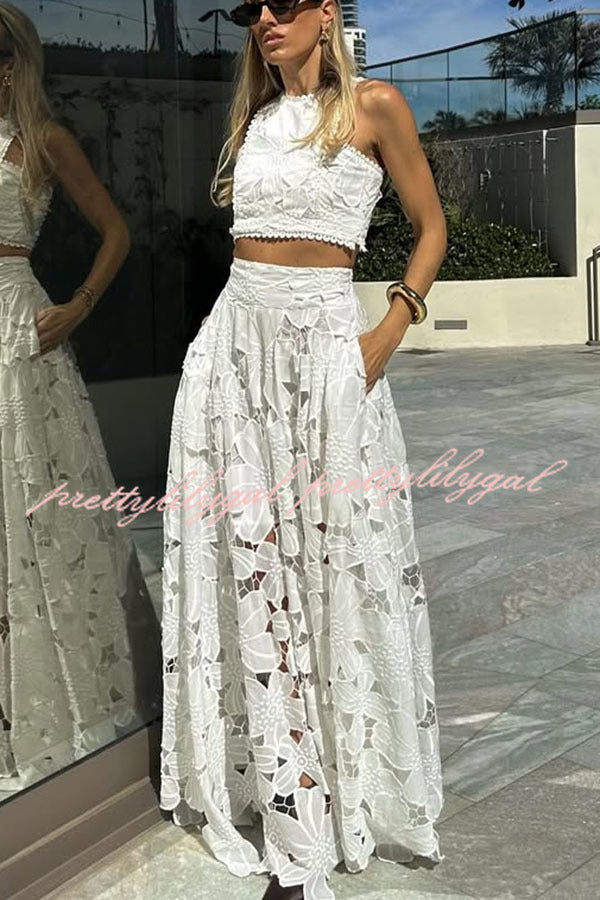 Next Trip Floral Embroidery Crochet Lace Crop Tank Top and Elastic Waist Pocket Maxi Skirt Set