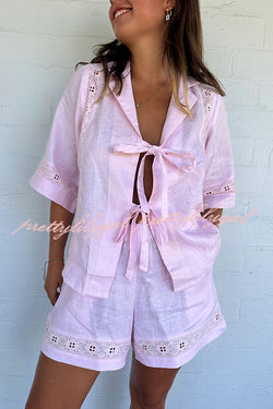 Celebrate Vacation Linen Blend Lace Splicing Tie-up Shirt and Elastic Waist Pocketed Shorts Set