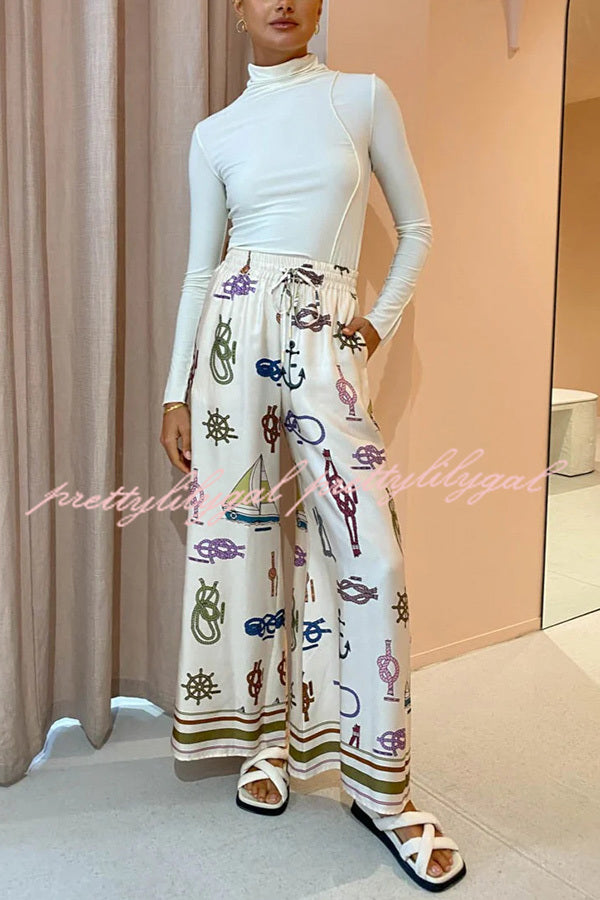 Sail Away Satin Unique Nautical Motifs Print Elastic Waist Pocketed Wide Leg Pants