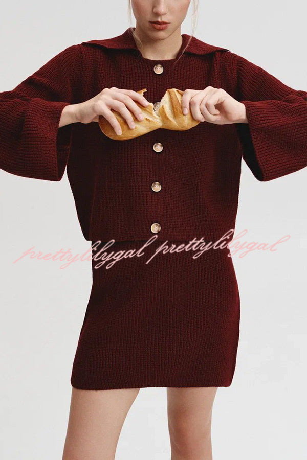 Fashion Lapel Bell Sleeve Knitted Cardigan and Casual Mini Skirt Set