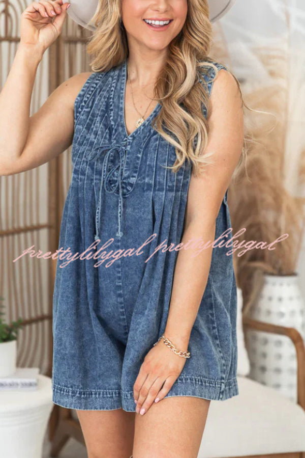 Downtown Daze Denim Pleated Tie-up Pocketed Loose Romper