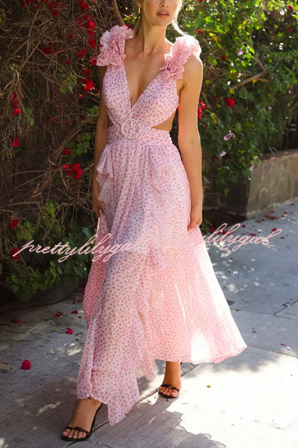 Wedding Dreams Chiffon Printed Flutter Sleeve Cutout Back Lace-up Maxi Dress