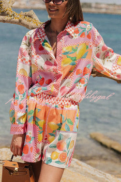 Leisurely Outings Summer Fruit Print Loose Long Sleeve Shirt and Elastic Waist Pocket Shorts Set