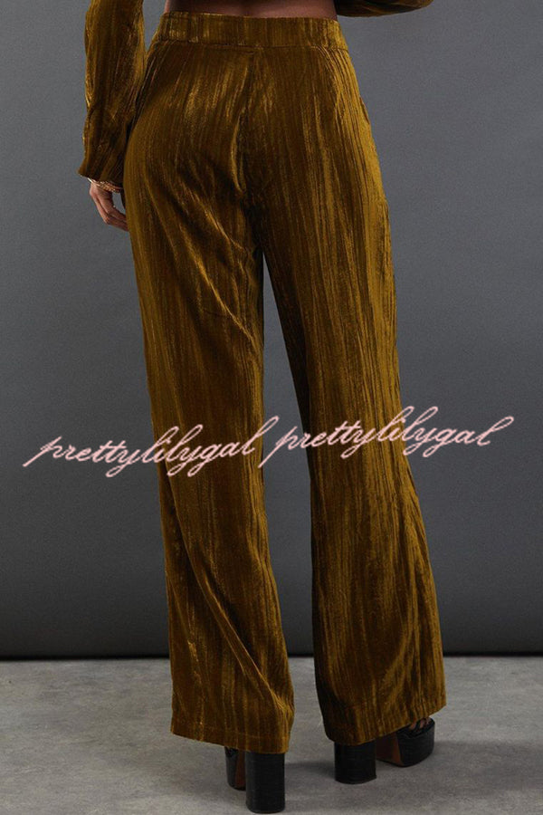 Solid Color Velvet Long-sleeved Waist Tie Top and Elastic Waist Casual Pocket Straight-leg Pants Set