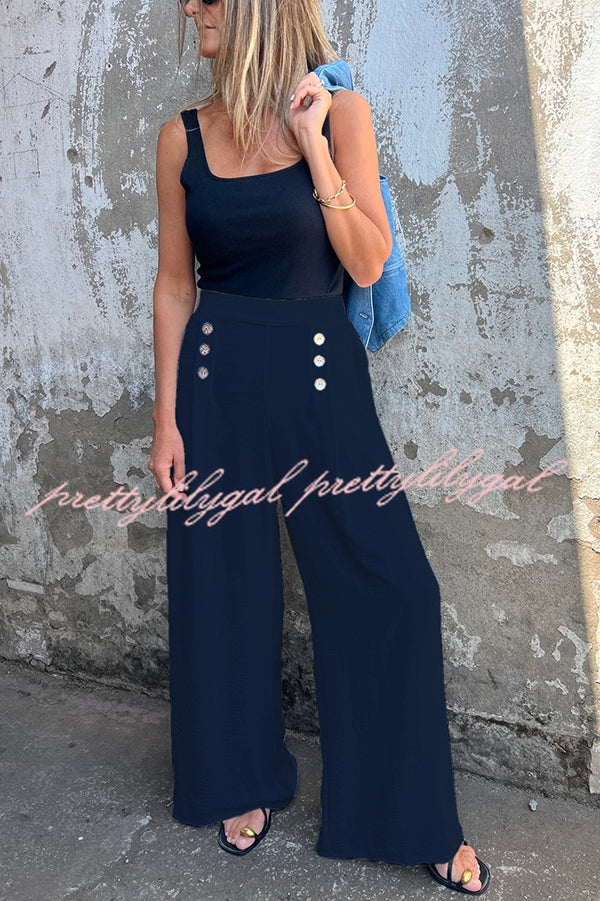 Solid Color Elastic Waist Button Decoration Wide Leg Pants