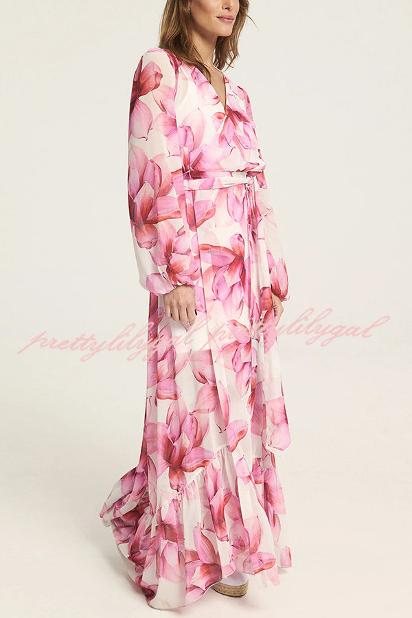 Island Girl Floral Print V-neck Long Sleeve Tie Slit Holiday Maxi Dress