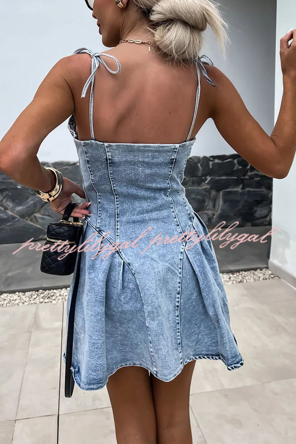 Sweet and Unique Washed Denim Center Front Zipper Stretch Mini Dress