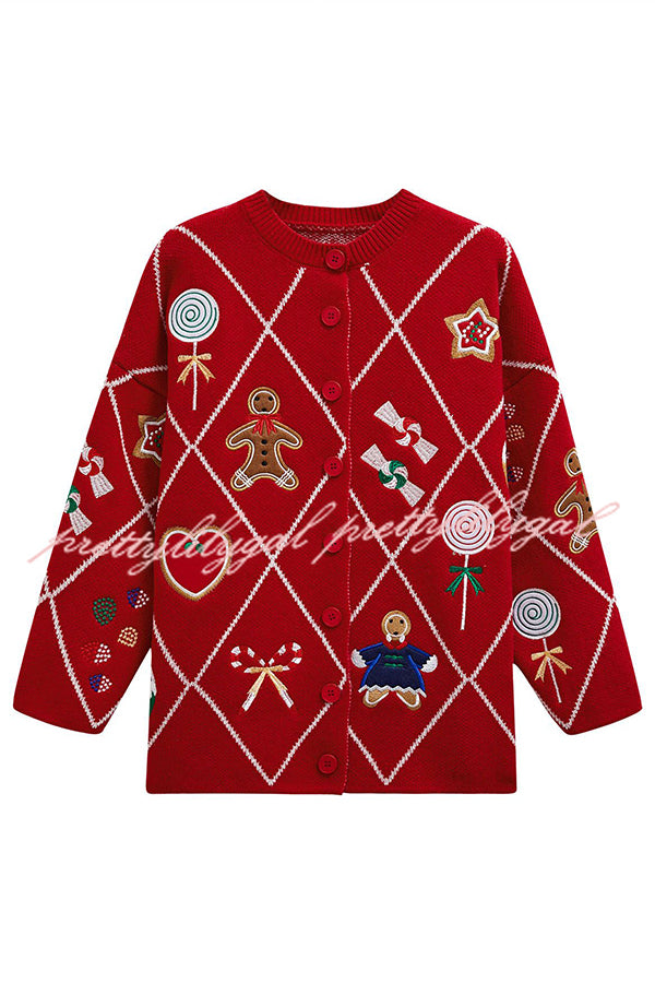 Argyle Candy Gingerbread Man Embroidered Button-knit Cardigan