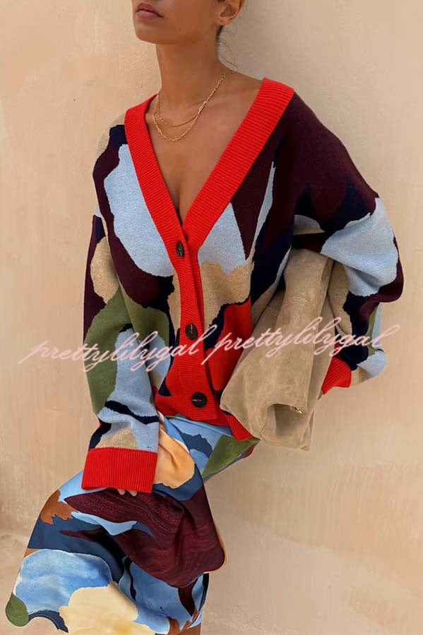Bright and Bold Knit Abstract Color Blocks Button Long Sleeve Loose Cardigan
