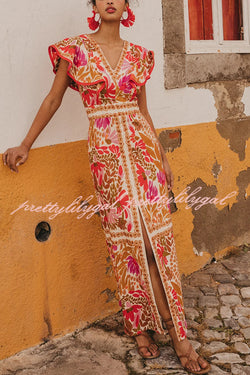 Unique Printed V-neck Open Back Ruffled Sleeves Slit Maxi Dress