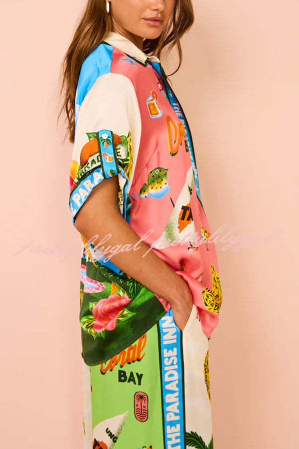 Kissed By The Sun Satin Unique Print Colorblock Button Down Oversized Blouse