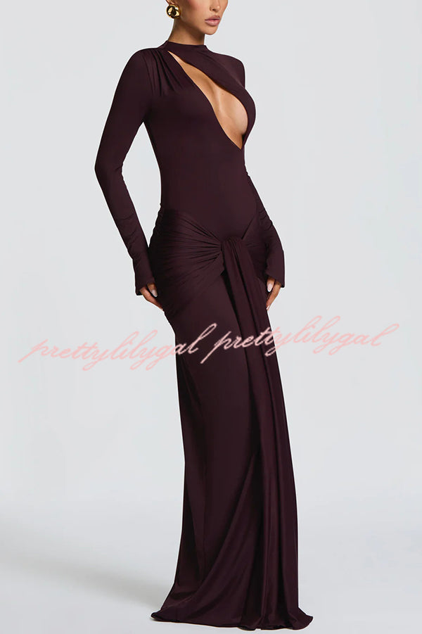 Sexy Cutout Fitted Long-sleeved Pleated Satin Ribbon Maxi Dresses