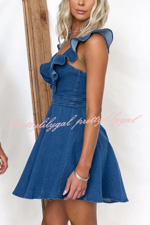 Sweet Secret Denim Square Neck Ruffle Sleeve Stretch Mini Dress