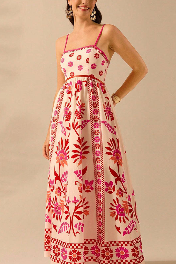 Unique Printed Sling Back Pleated Loose Holiday Maxi Dress