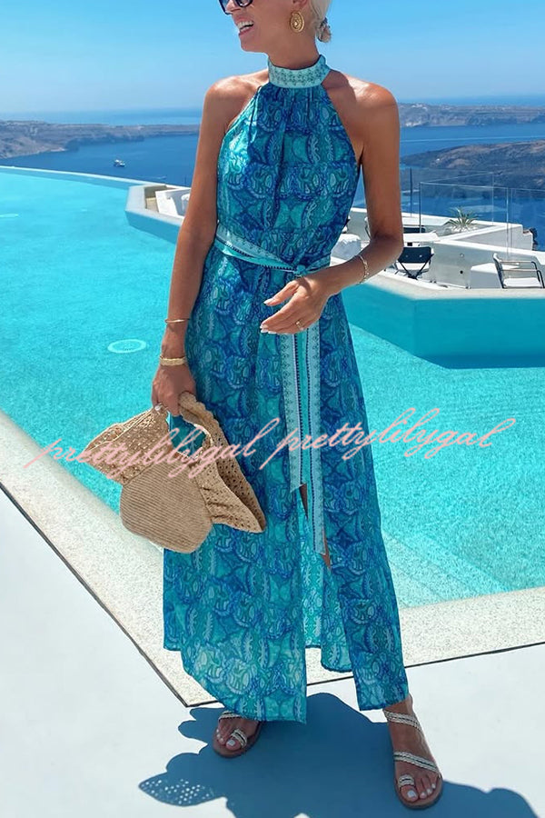 Unique Print Sexy Off-the-shoulder Waist Tie Slit Holiday Midi Dresses