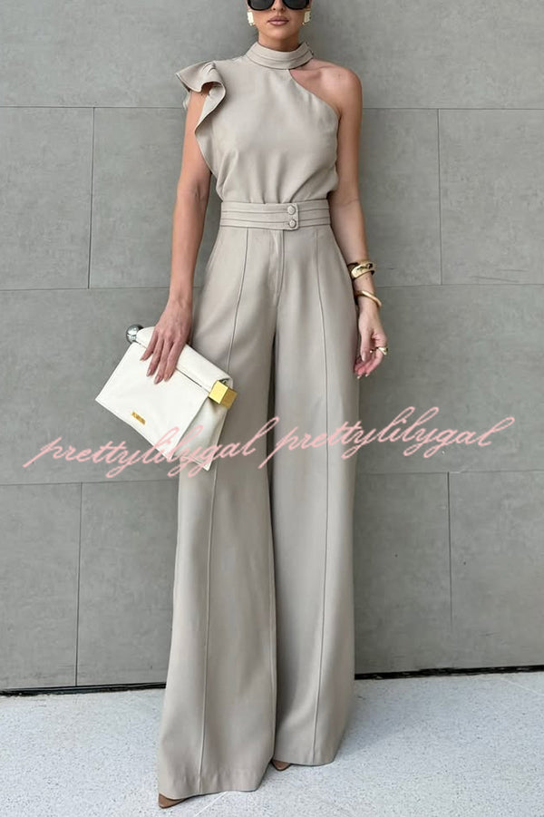 Fashionable One-shoulder Ruffled Top and Casual Simple Straight-leg Suit Pants Set